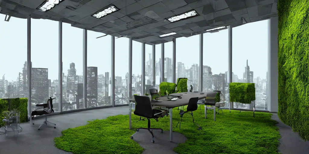 Image similar to an office with moss chairs, windows of an over grown city in the background hyper realistic digital art