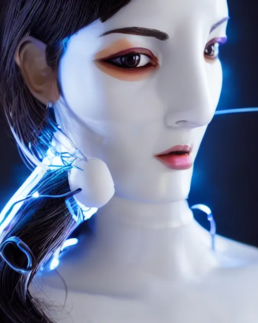 Prompt: 3 / 4 portrait photo of sensual indian girl as a cyberpunk mecha humanoid robotic head shoulder parts with straight bright led lights, inside white room, ultra - realistic and detailed, 8 k