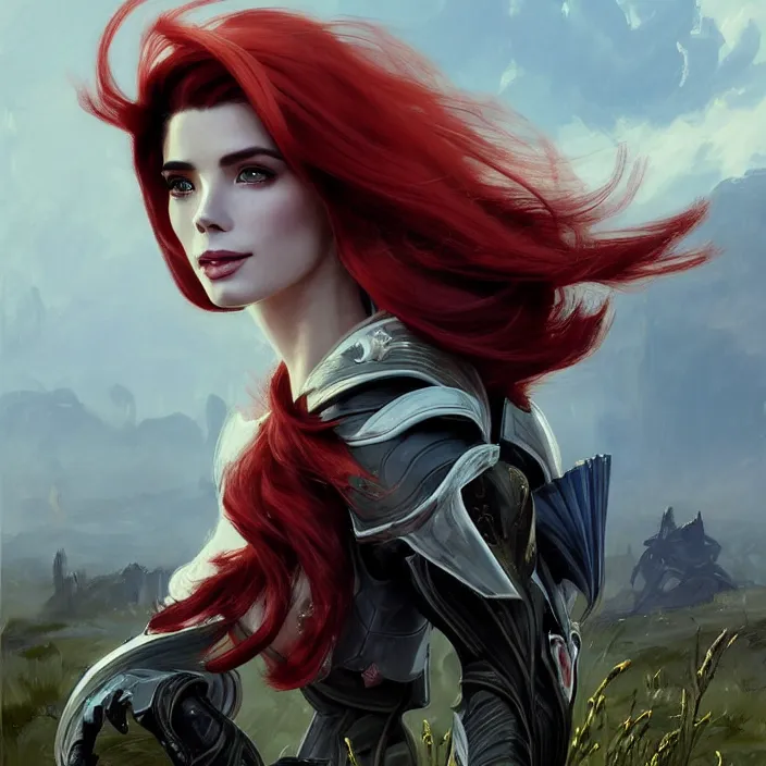 Image similar to portrait of a combination of Ashley Greene, Adriana Dxim, Grace Kelly and Lily Collins with red hair wearing Warframe armor, countryside, calm, fantasy character portrait, dynamic pose, above view, sunny day, thunder clouds in the sky, artwork by Jeremy Lipkin and Giuseppe Dangelico Pino and Michael Garmash and Rob Rey and Greg Manchess and Huang Guangjian and Makoto Shinkai, very coherent asymmetrical artwork, sharp edges, perfect face, simple form, 100mm
