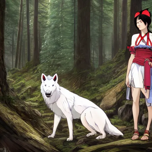 Image similar to Princess Mononoke as a real person ((asian woman with red facepaint)) determined expression, standing next to a giant white wolf, in a forest, by Artgerm,Greg Rutkowski,Alphonse Mucha, 4k resolution, highly detailed