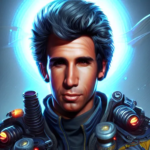 Prompt: arthur fonzareli, being a great, loveable guy, sci - fi, gritty, shadowrun splash art, art by artgerm, intricately detailed, highly detailed, trending on artstation, 4 k, wallpaper - 1 0 2 4