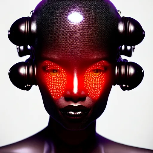 Image similar to portrait of an absurdly beautiful, graceful, sophisticated, fashionable black cyberpunk mechanoid gravure idol, hyperdetailed illustration by irakli nadar, adut akech, matt wisniewski style, intricate linework, dark black porcelain skin, jellyfish headdress, unreal engine 5 highly rendered, global illumination, red light, detailed and intricate environment