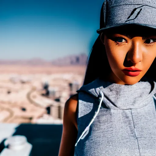 Image similar to photographic portrait of a streetwear woman, closeup, on the rooftop of a futuristic city overlooking a desert oasis, sigma 85mm f/1.4, 4k, depth of field, high resolution, 4k, 8k, hd, full color