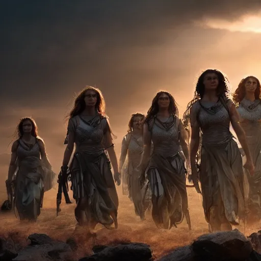 Image similar to the goddesses fraya going to war with her army of valkyries, golden hour, detailed faces, 8 k uhd, high detail, awe - inspiring.