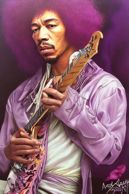 Image similar to A mystical mesmerizing 8k hyperrealistic Photo Portrait jimi hendrix transforming into a purple haze, soft, sharp focus, detailed, art by artgerm and Alphonse Mucha