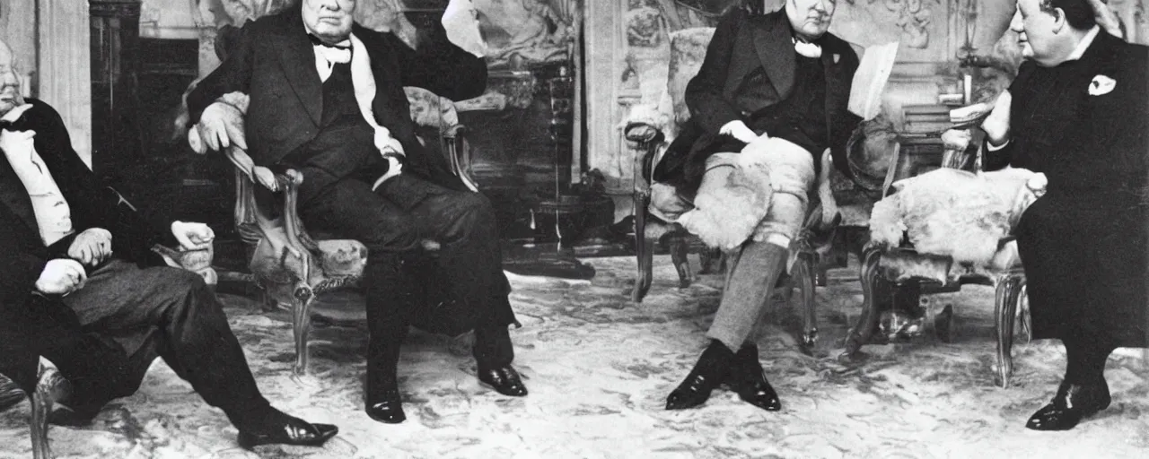 Image similar to Winston Churchill talking to Napoleon Bonaparte, vintage photo