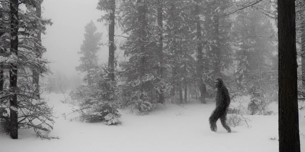 Image similar to photo, bigfoot faintly appears in the distance, barely able to be seen. cold color temperature, snow storm. hazy atmosphere. humidity haze. kodak ektachrome, greenish expired film, award winning, low contrast