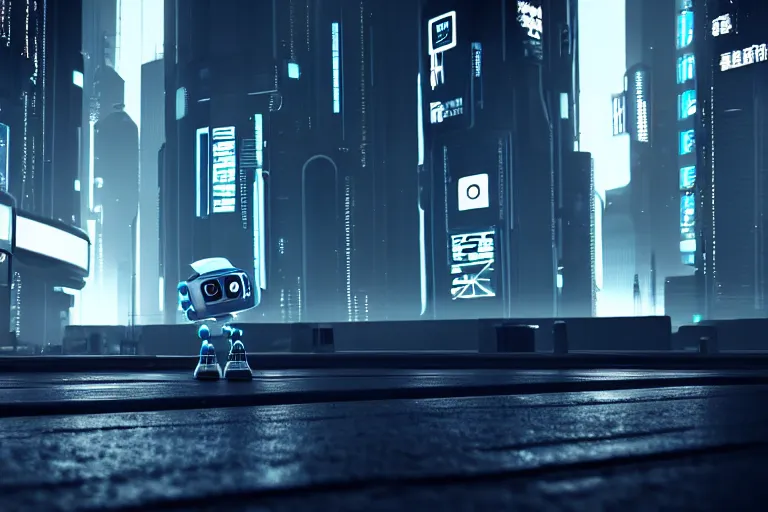 Image similar to a cute little robot in at cyberpunk city. super realistic 8 k render of a elegant, cinematic composition, black and white