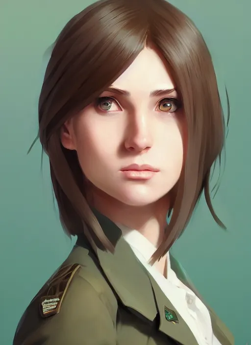 Image similar to portrait of young woman with light brown shoulder length hair and hazel eyes dressed in a sharp dark teal military uniform, smiling, ilya kuvshinov, svetlana tigai, greg rutkowski, loish, artgerm, digital painting, concept art