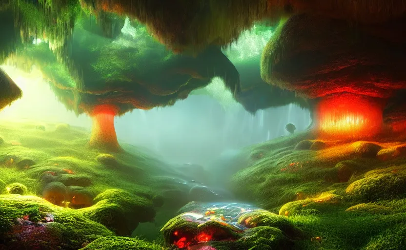 Image similar to a beautiful and stunning professional digital artwork of a glowing mushroom cave, haze, spores floating in the air, waterfall, volumetric lighting, hyperrealistic, rtx on, ultra detail