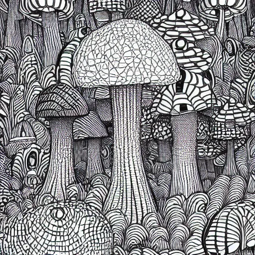 Image similar to Geometrically surreal mushroom city, extremely high detail, photorealistic, intricate line drawings, dotart, album art in the style of James Jean