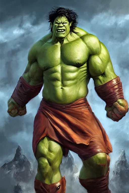 Image similar to a full body high detail fantasy portrait oil painting illustration of hulk by justin sweet with face and body clearly visible, in a scenic background, pretty eyes, realistic proportions, d & d, rpg, forgotten realms, artstation trending, high quality, sombre mood, artstation trending, muted colours, entire person visible!