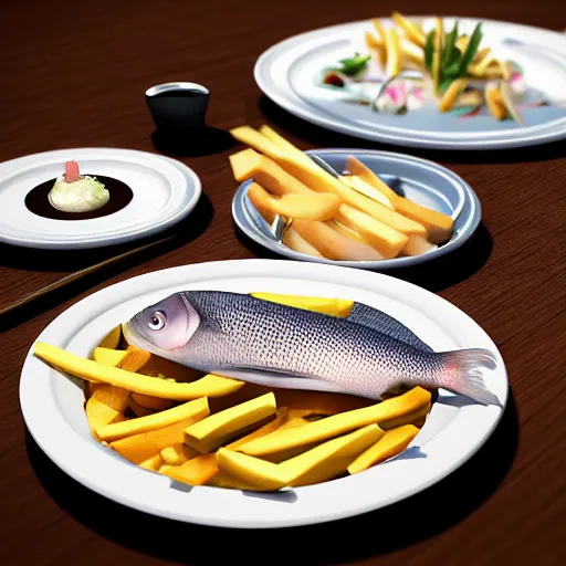 Image similar to Michelin star restaurant, plates with fries and fish, krill waitress, 4k, photorealism, highly detailed