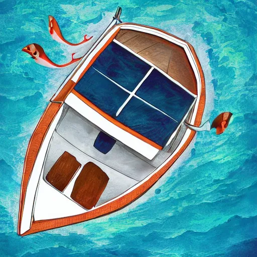 Image similar to top down view of a small boat in the middle of the ocean, with a giant sea monster swimming up underneath the boat, digital painting,