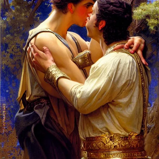 Image similar to attractive fully clothed king confesses his love for his attractive fully clothed male prince. highly detailed painting by gaston bussiere, mark brooks, j. c. leyendecker