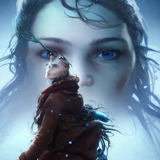 Prompt: young woman with wavy brown hair with a scar across his left eye is legendary, frostpunk, high detail, concept art, frosty, neon color, vivid color, floating particles, glowing green eyes, spiral smoke, background by john harris + andreas rocha, artwork by charlie bowater + artgerm + anato finnstark + ross tran