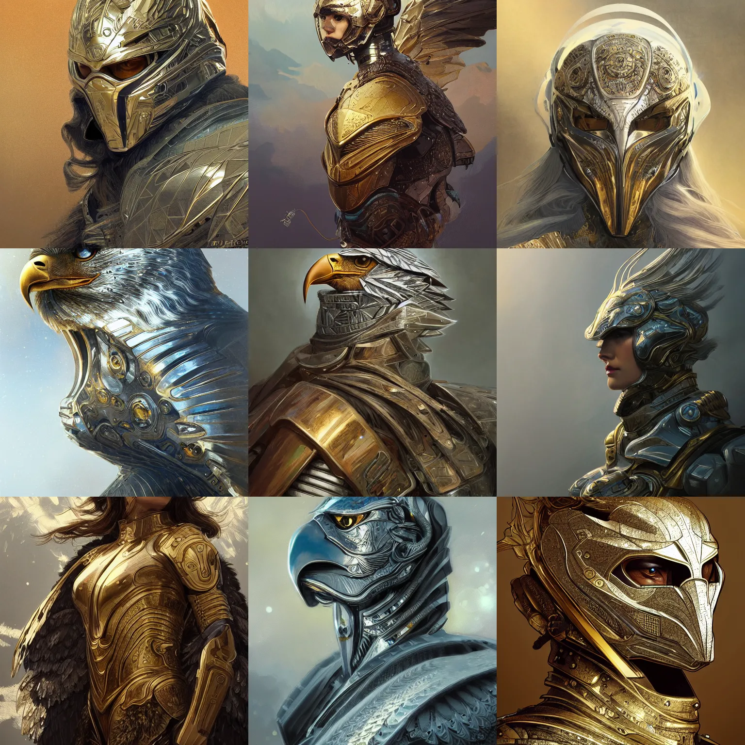 Prompt: portrait eagle, metallic silver and ice color reflected armor, in battle, sci - fi, fantasy, intricate, very beautiful, elegant, golden light, highly detailed, digital painting, artstation, concept art, smooth, sharp focus, illustration, art by wlop and tian zi and alphonse mucha