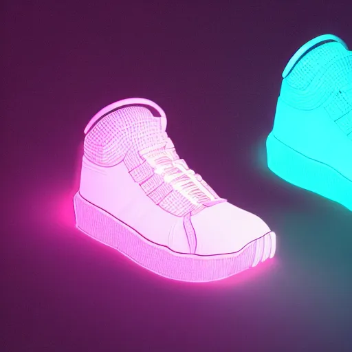 Image similar to high quality octane 3 d render of bioluminescent sneakers floating in space, emissive, bloom, volumetric, ray - tracing, bjork