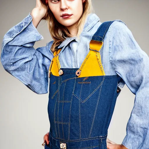 Prompt: wallaby wearing denim overalls that have a front pocket, fashion magazine photograph, studio lighting