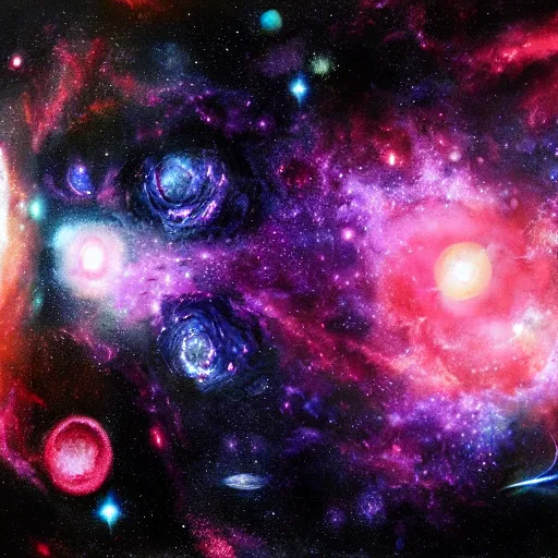 Image similar to The beginning of the universe, space photography, singularity exploding into galaxies, high energy, intricate details, deviantart, digital painting, concept art