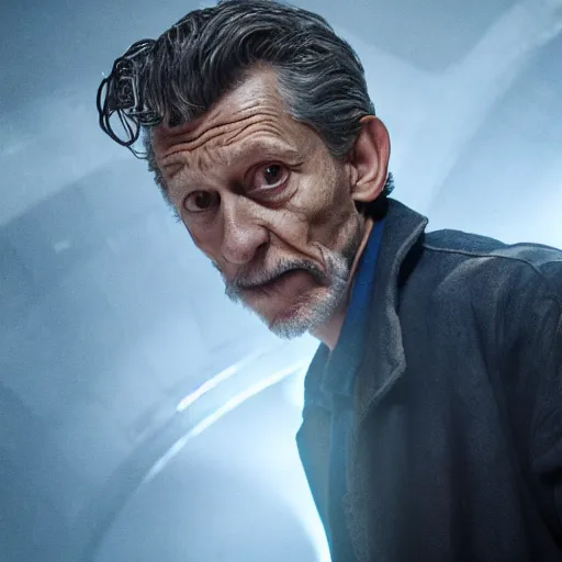 Image similar to tom holland as a rough dirty old man with a scruffy beard in a dark blue trenchcoat as the new doctor who, cinematic, volumetric lighting, f 8 aperture, cinematic eastman 5 3 8 4 film, photorealistic