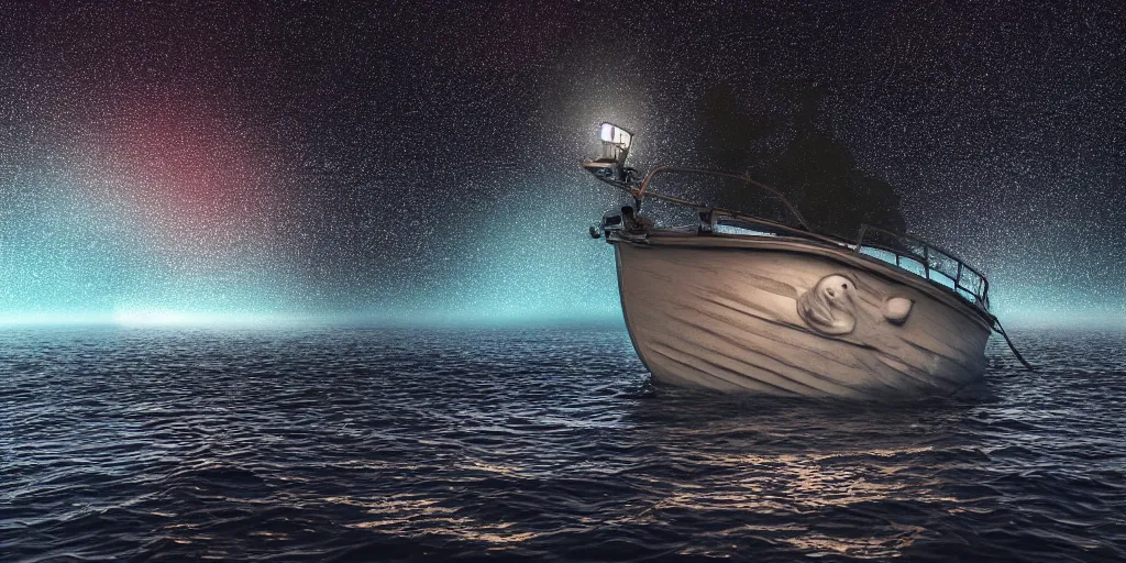 Image similar to a highly detailed realistic photographic render of a boat in a sea of stars, surreal, cinematic lighting, cinematic scene, volumetric lighting, atmospheric scene, dark, mystery, atmospheric lighting, realistic, photo realism, hyper realistic, hyper realism, photo realisitc, cinematic render, film, beautifully lit, ray traced, octane 3 d render, octane render, unreal engine