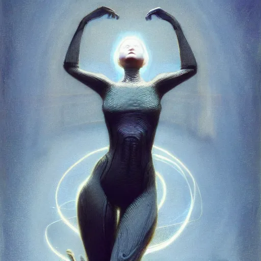 Image similar to Wanda Maximoff, dynamic pose, glowing, wires everywhere, by Edgar Maxence and Ross Tran, Zdzisław Beksiński, and Michael Whelan, distant, gustav dore, H.R. Giger, 8k, octane render