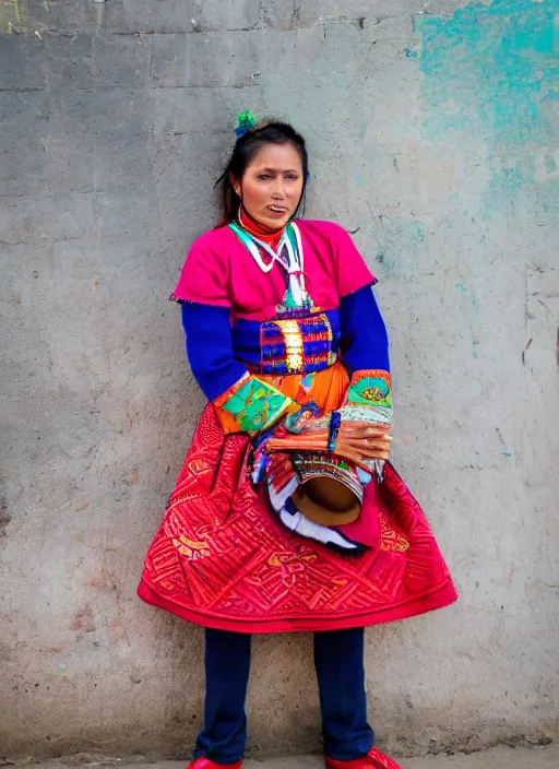 Image similar to color Mid-shot portrait of a beautiful, breathtaking 25-year-old woman from Peru, wearing a traditional outfit, candid street portrait in the style of Mario Testino award winning, Sony a7R