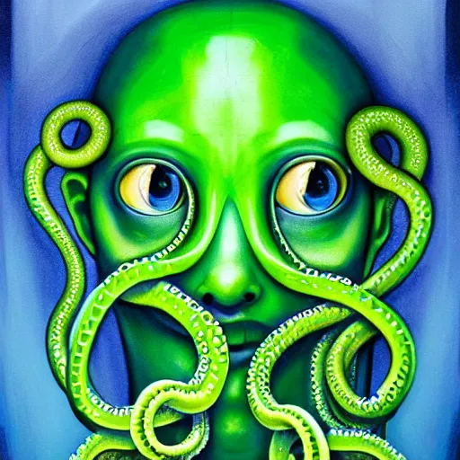 Prompt: 3 d, close - up, fashion model in a blue factory worker's overalls face looking down at the floor eyes sad tentacles instead of hands, green snakes background, soft light, smooth face feature, intricate oil painting, high detail illustration, sharp high detail, poster art, paper texture