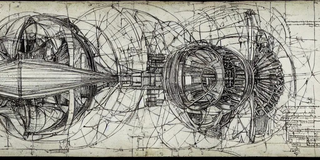 Image similar to leonardo da vinci color intricate full page scan blueprint of an environmental turbine machine, on paper, black ball pen style, :: ultra-detailed technical precision :: mixed media with white and silver lines, realistic composition, point of interest at golden ratio, light from right, more darkness on the bottom, monumentally art composition, high quality of sketching with subtle hairlines, highly detailed rounded forms, inside out and outside in, octane render