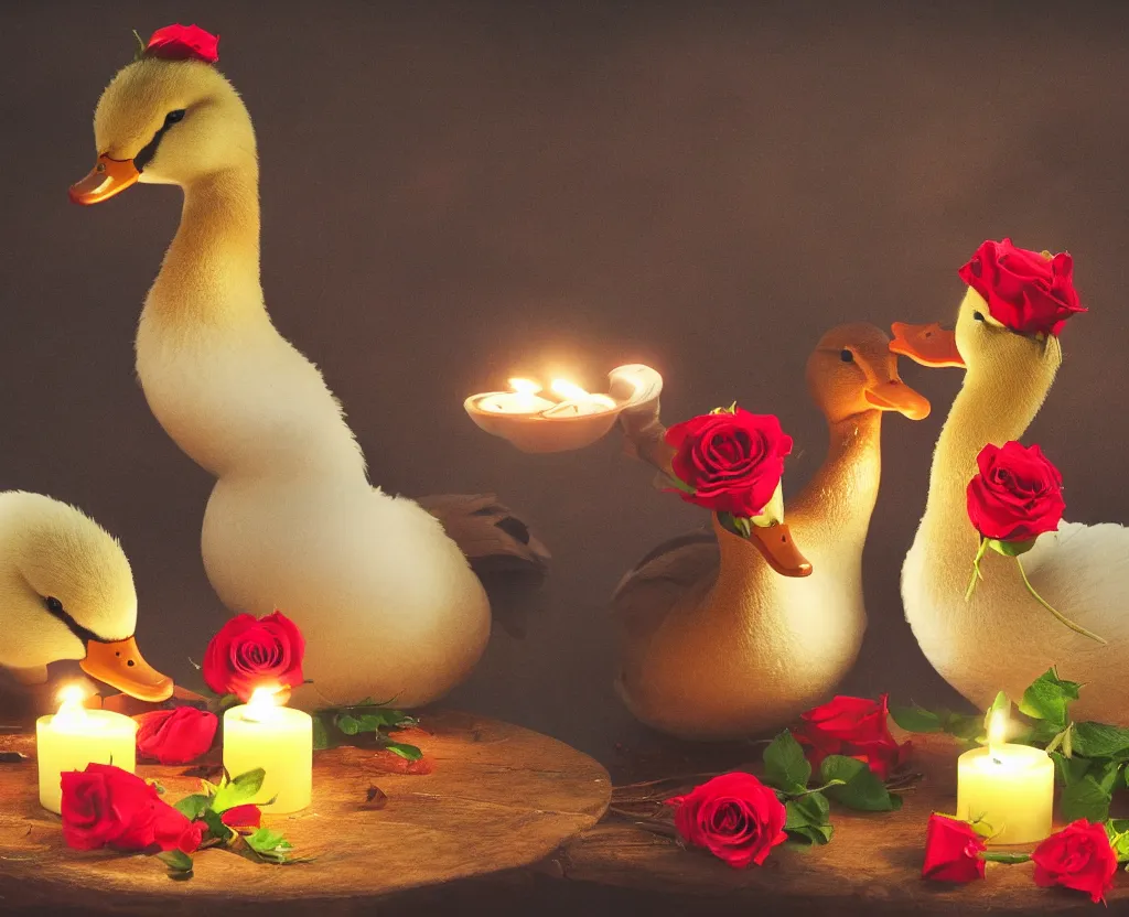 Image similar to two ducks with funny hats on their heads having a romantic dinner with candles champagne petals roses, hyperrealistic, focused, extreme details, masterpiece, 8 k, ultrahd, hd resolution