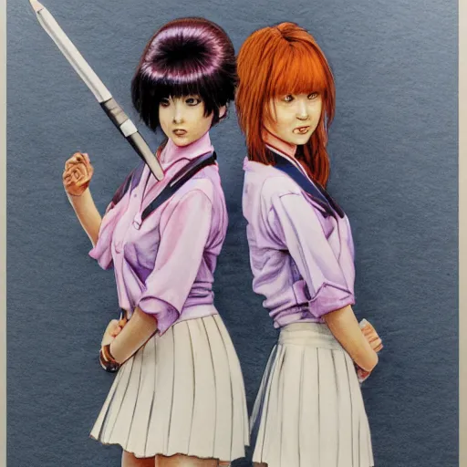 Prompt: a perfect, realistic professional digital sketch of two 80s Japanese schoolgirls posing, in style of Marvel and DC, full length, by pen and watercolor, by a professional American senior artist on ArtStation, a high-quality hollywood-style sketch, on high-quality paper