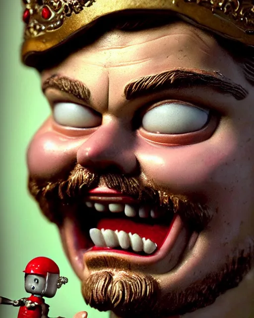 Image similar to highly detailed closeup, face profile portrait of a tin toy leonardo dicaprio as a medieval demon eating cakes in a castle, hyper realistic, artstation, illustration, nicoletta ceccoli, mark ryden, lostfish, dan decarlo, bob clampett, max fleischer, digital paint, matte paint, vivid colors, detailed and intricate environment