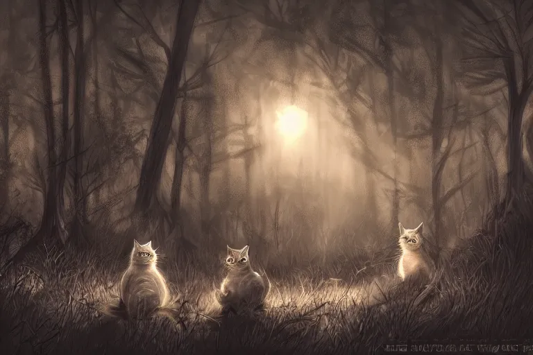 Image similar to cats clawing in the dark forest, dramatic, backlighting, trending on artstation, digital art, trending on furaffinity, by wayne mcloughlin