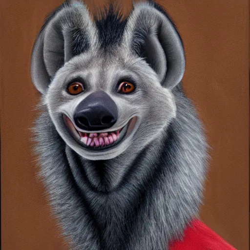 Prompt: painted portrait of an anthropomorphic hyena smiling, cartoon style