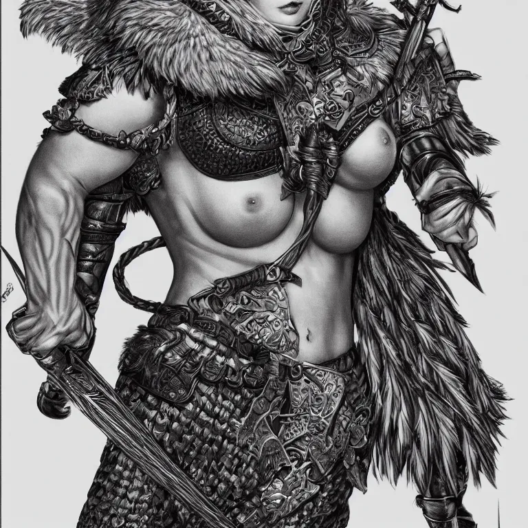 Prompt: wide shot of muscular female owl warrior, realistic proportions, sharp focus, beautiful face, wearing feather armor, wielding an owl broadsword, symmetrical, highly detailed, engraving kentaro miura manga art style trending on artstation 8 k