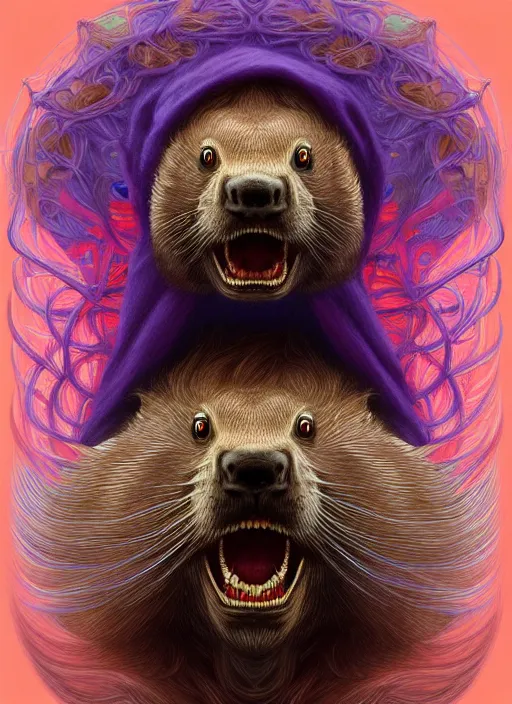 Image similar to symmetry!! portrait of smiling beaver!! big teeth! wearing a colorful beanie!, scarf!, long curly hair intricate, elegant, highly detailed, digital painting, artstation, concept art, smooth, sharp focus, illustration, art by artgerm and greg rutkowski and alphonse mucha, 8 k