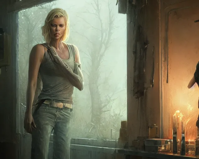 Image similar to highly detailed portrait of charlize theron, in the walking dead, stephen bliss, unreal engine, fantasy art by greg rutkowski, loish, rhads, ferdinand knab, makoto shinkai and lois van baarle, ilya kuvshinov, rossdraws, tom bagshaw, global illumination, radiant light, detailed and intricate environment