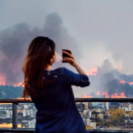 Image similar to girl taking selfie while city burns in background