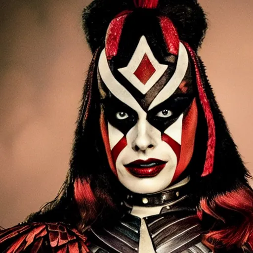 Image similar to photo of margot robbie as a harlequin warrior