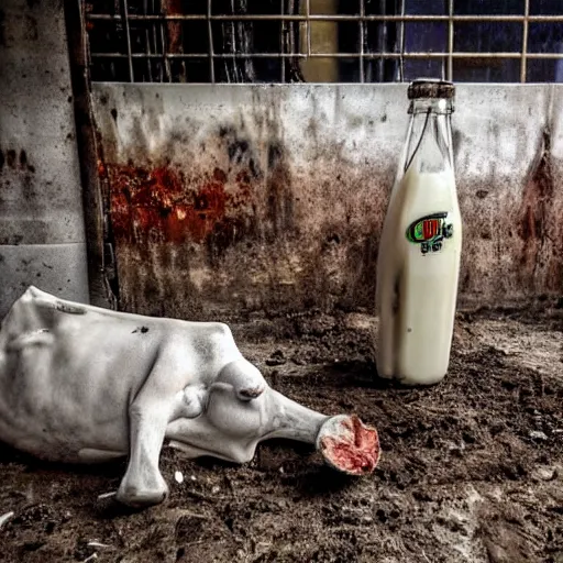 Image similar to dirty bottle of milk and a cow inside rusted slaughterhouse