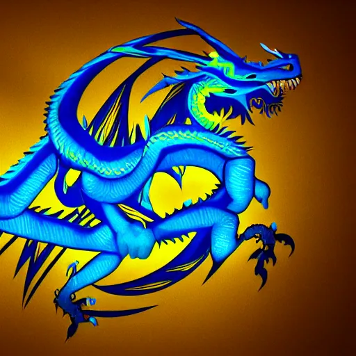 Image similar to illustration neon blue and yellow chinese dragon with ukraine background. trending on artstation