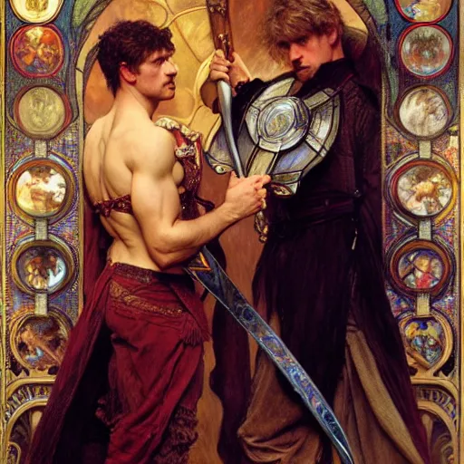 Image similar to manly arthur pendragon and manly merlin. focus on their faces. highly detailed painting by gaston bussiere, j. c. leyendecker, alphonse mucha, greg rutkowski, 8 k