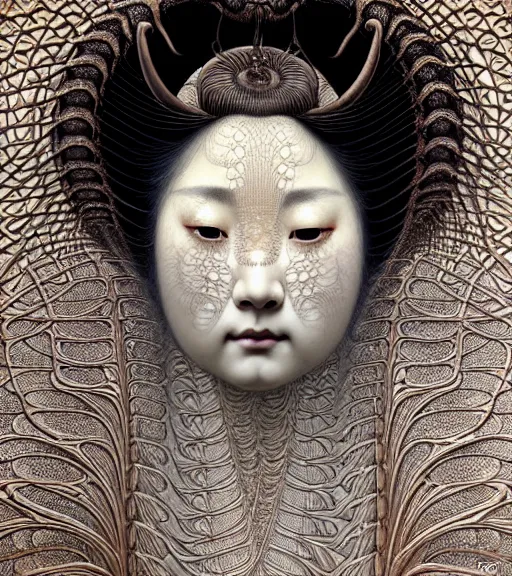 Prompt: detailed realistic beautiful geisha face portrait by jean delville, gustave dore, iris van herpen and marco mazzoni, art forms of nature by ernst haeckel, art nouveau, symbolist, visionary, gothic, neo - gothic, pre - raphaelite, fractal lace, intricate alien botanicals, ai biodiversity, surreality, hyperdetailed ultrasharp octane render