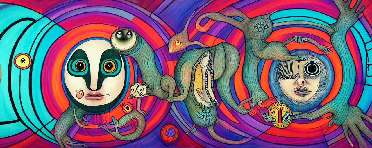 Image similar to deep ego - self axis tunnel with a strange whimsical wild creatures with endearing eyes, painted by ronny khalil