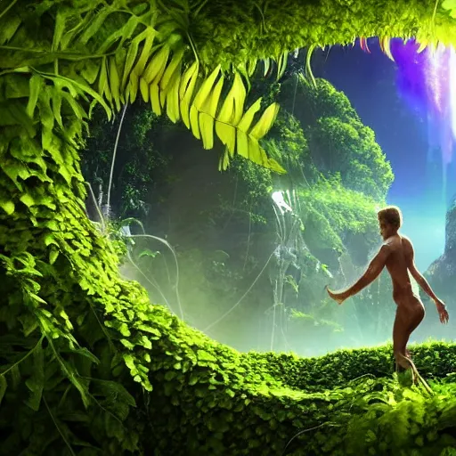 Image similar to cinema 4D colorful render, utopian jungle in space , a detailed zoned in human anatomy veins, nature, heavy green, dramatic lens flares, apes hanging from vines, a evil dark sun , depth field, unreal engine, sharp, incredible detail, professional composition, quality digital art, 4k, 4k concept art and hyper realism