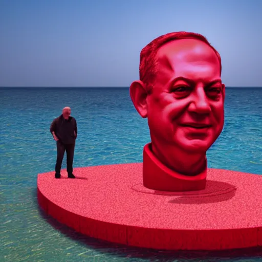 Prompt: a giant benjamin netanyahu sculpture made out of juicy red jelly, in the sea, long shot, hyper detailed, hyper realistic, ray tracing, 8 k resolution, sharp focus, realistic water, award winning