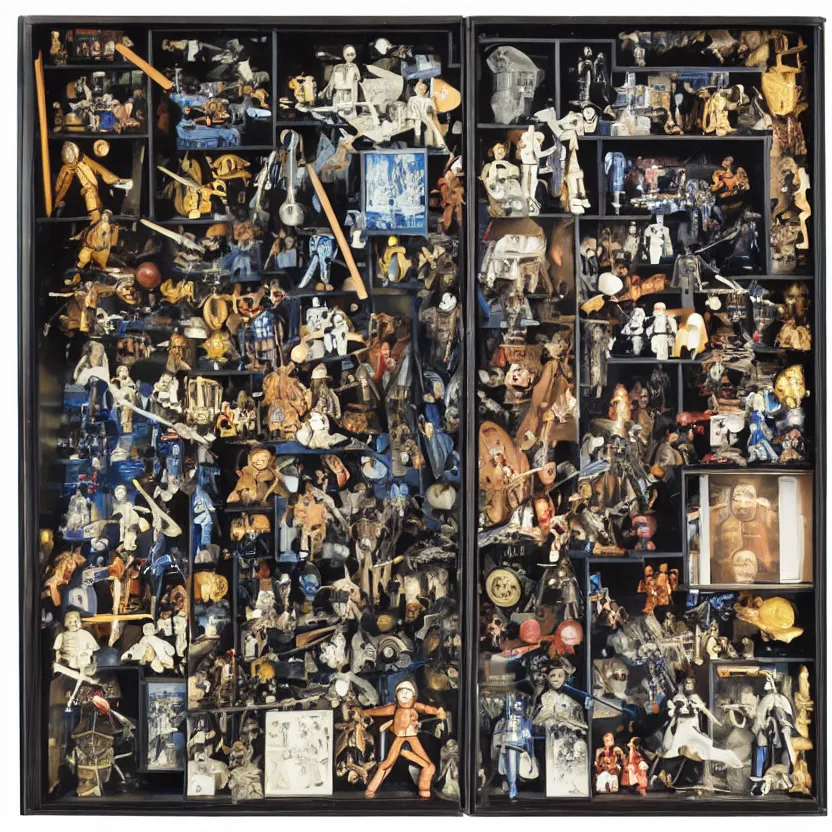 Image similar to a well - lit, detailed museum archive rich color photograph of a star wars memory box by joseph cornell, containing action figures, black and white photographs, and a star chart