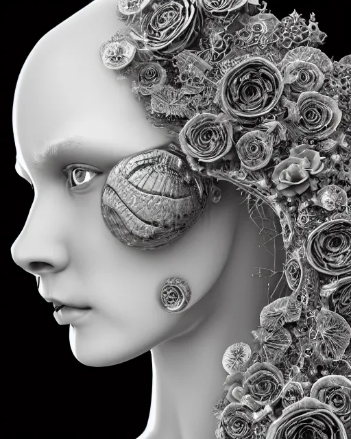 Image similar to mythical dreamy black and white organic bio-mechanical spinal ribbed profile face portrait detail of translucent steampunk beautiful female angelic-human-queen-vegetal-cyborg, highly detailed, intricate crystal ivy jelly ornate, poetic, translucent roses ornate, 3D render, digital art, octane render, 8K artistic photography, photo-realistic, by Dora Maar