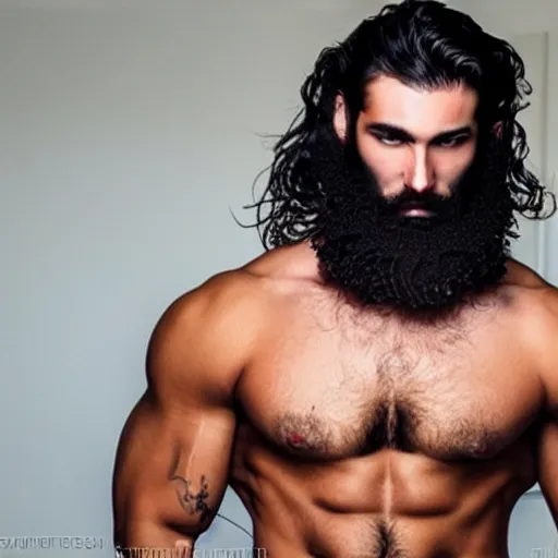 Image similar to a chad with wavy black hair and a beard. muscular. godlike. using a computer.